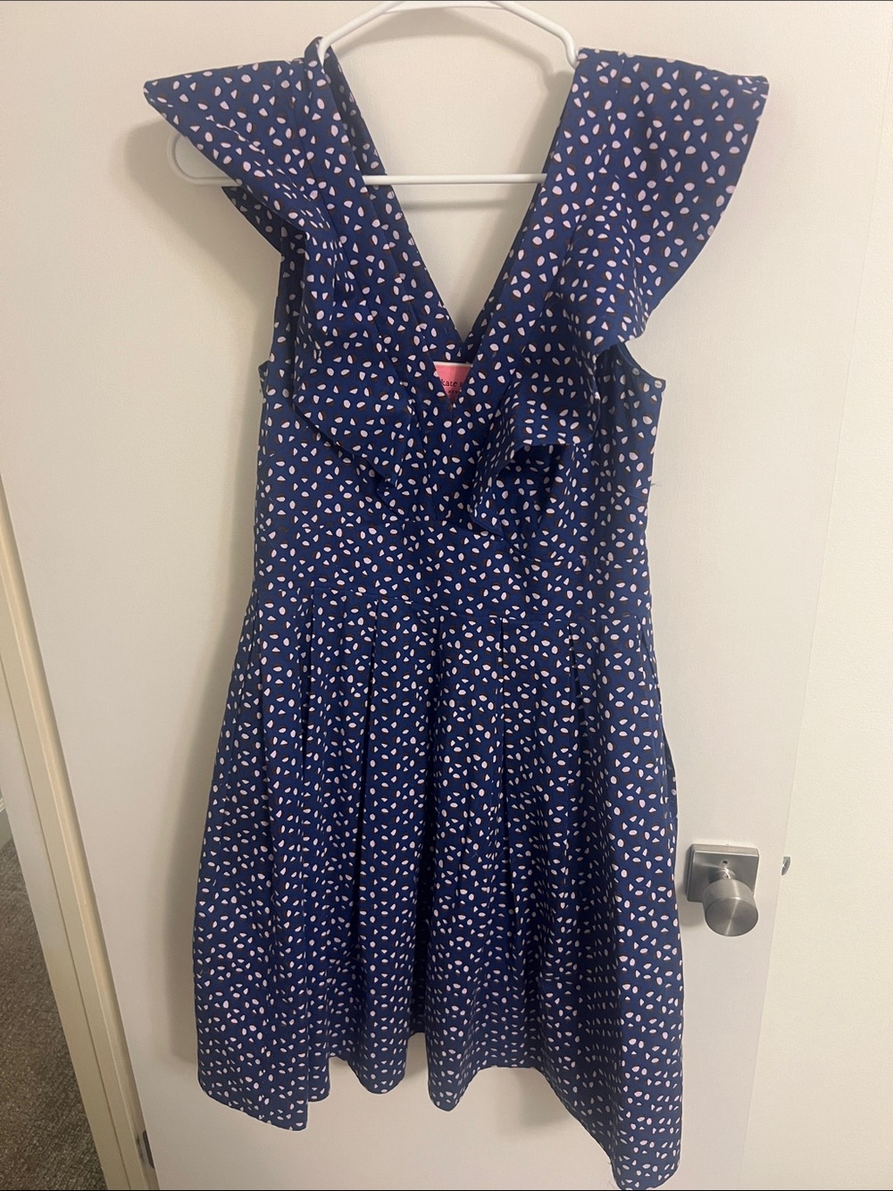 kate spade Navy Dress with Light Pink Spot Print and Ruffled V-Neck